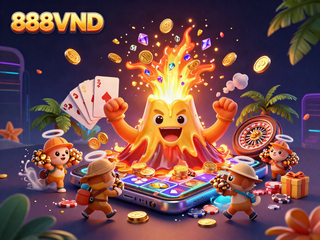 Experience thrilling wins with 888VND as the golden volcano erupts treasures in this vibrant casino scene.