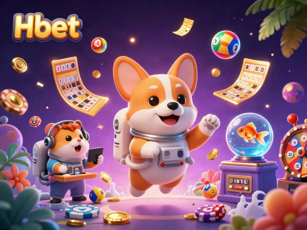 Experience thrilling gaming at Hbet with a floating astronaut corgi and vibrant casino elements.
