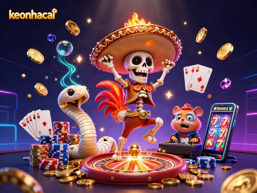 Engage with keonhacai's vibrant casino illustration featuring festive characters amidst a whirlwind of gaming elements.