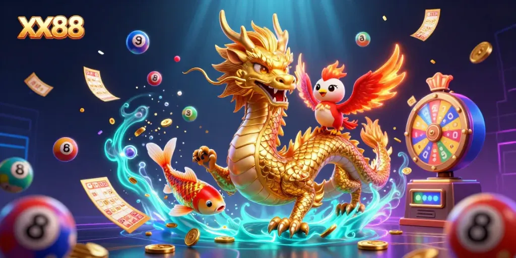 Engage with the exciting xx88 gaming experience featuring a golden dragon and vibrant lottery elements.