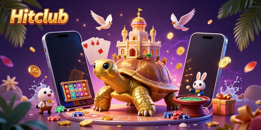Engage in thrilling action at Hitclub with a golden tortoise casino and rabbit dealer in vivid 3D illustration.