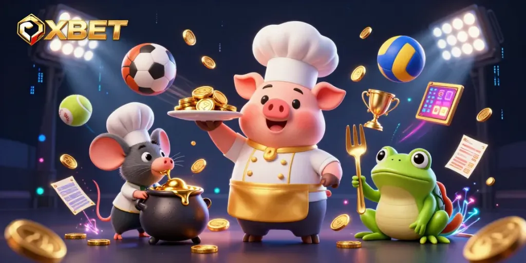 Join OXBET's thrilling adventure with sports balls as gold coins fly around in a dynamic casino scene.