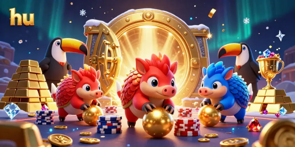 Experience thrilling competitive games with hu in a vibrant 3D casino scene featuring unique pangolin characters.