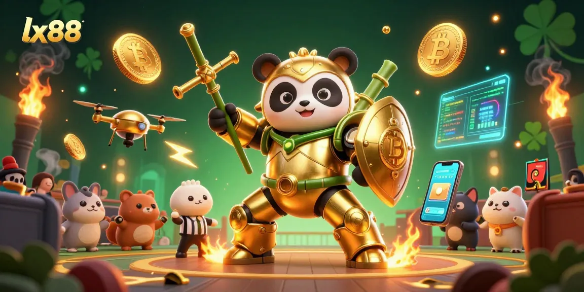 Experience thrilling gameplay at lx88 with a dynamic 3D arena featuring a mech-suit panda and cryptocurrency elements.