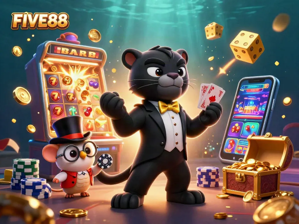 Experience FIVE88's vibrant casino action with a stylish panther dealing cards among a dynamic slot machine explosion.