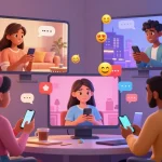 Vibrant scene of diverse avatars engaging in lively sexchat conversations through futuristic chat interface.